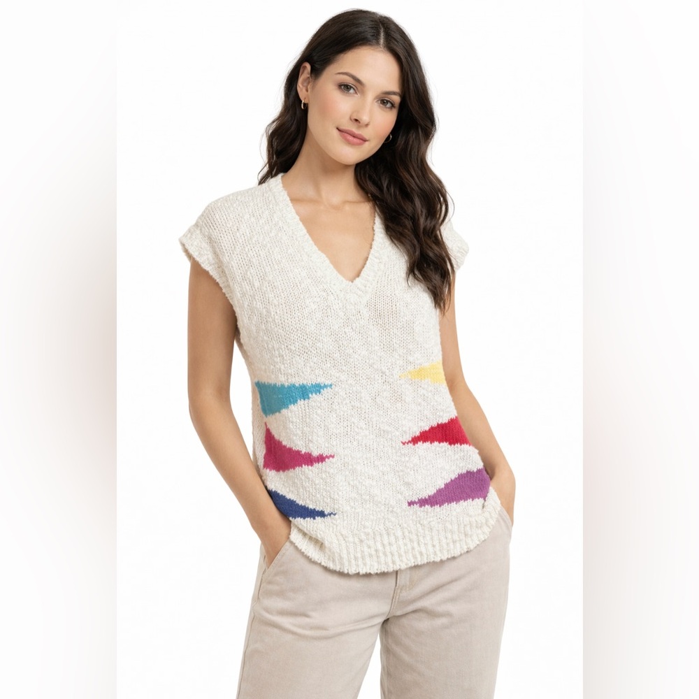 Vintage 80s Cream Knit Sweater Vest Colorful Abstract Pattern Boho Retro V-Neck